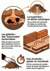Infographie expliquant les manière de d'identifier une taupinière