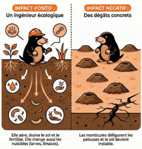 Infographie expliquant les effets positifs et négatifs de la présence de taupes