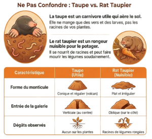 Infographie expliquant les différences entre la taupe et le rat taupier